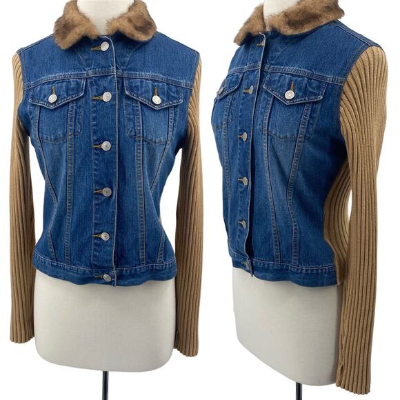 Y2K No Boundaries Denim Ribbed Knit Jacket Button Down Faux Fur Collar XS-Small - Picture 1 of 7